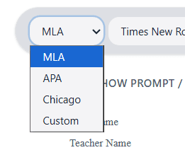 Formatting dropdown for MLA APA Chicago and Custom